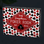Poker Room Casino Game Personalized Name Monogram Wooden Box Sign<br><div class="desc">Decorate your game room / poker club with this personalized wooden box sign (horizontal, 8"x6"). The design includes a playing card suit pattern (spades, clubs, hearts, diamonds) in red, black, and white, with a central red diamond for your text. Use the easy templates to add your family name, established date,...</div>