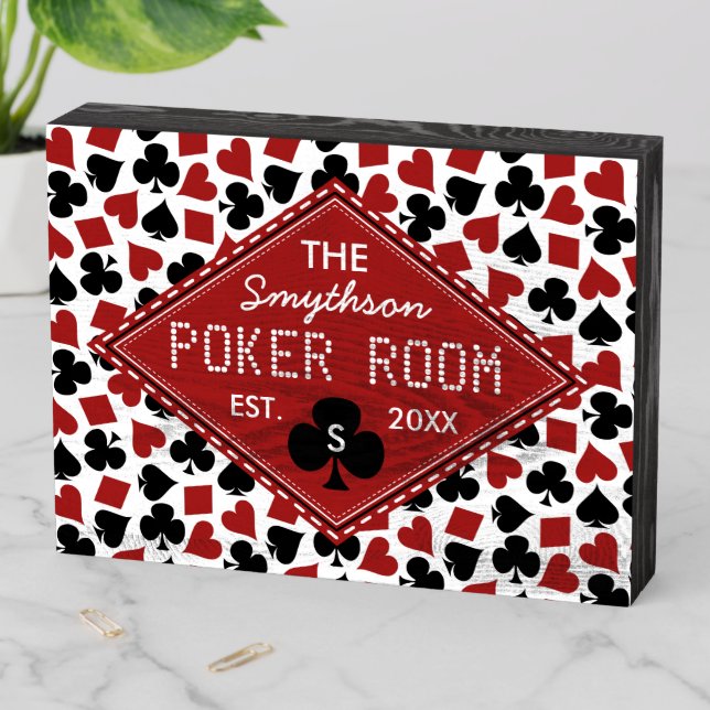 Poker Room Casino Game Personalized Name Monogram Wooden Box Sign (In Situ Horizontal)