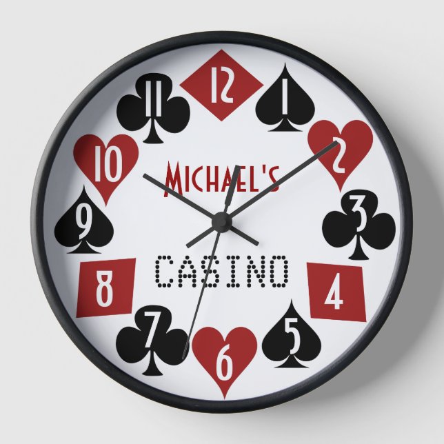 Poker Room Casino Suits Customizable Name Text Wall Clock (Front)