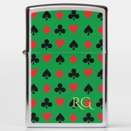 Poker Suits on Green with Initials Zippo Lighter