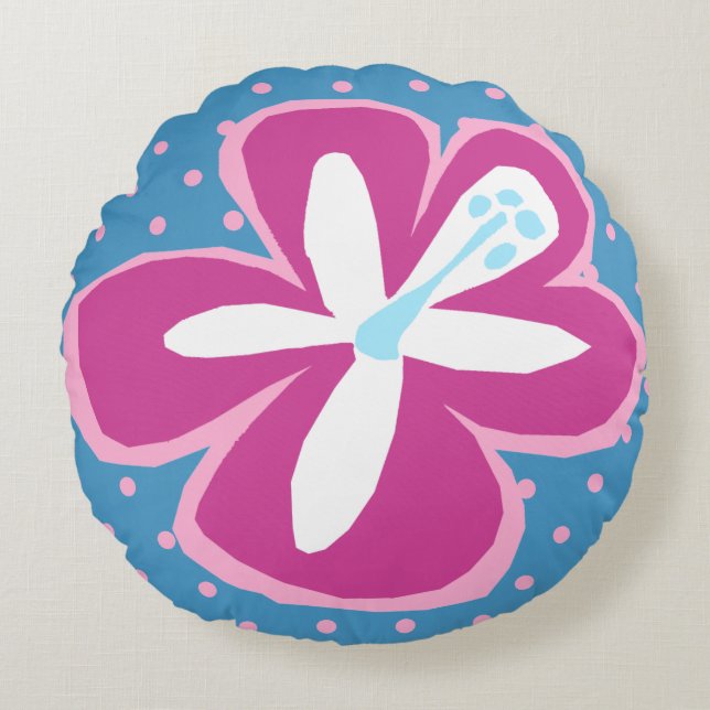 Pokii Hawaiian Aloha Hibiscus Polka Dot Reversible Round Pillow (Front)