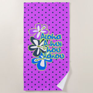 Pokii Hawaiian Aloha Hibiscus Purple Polka Dot Beach Towel