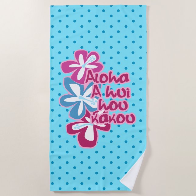 Pokii Hawaiian Aloha Hibiscus Turquoise Polka Dot Beach Towel (Front)