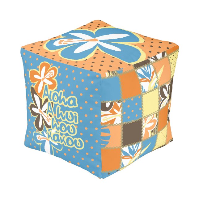 Pokii Hawaiian Floral and Dot Patchwork Pouf (Angled Back)