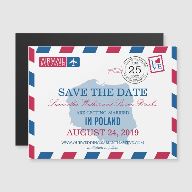 POLAND Airmail Save the Date Magnetic Invitation (Front/Back)