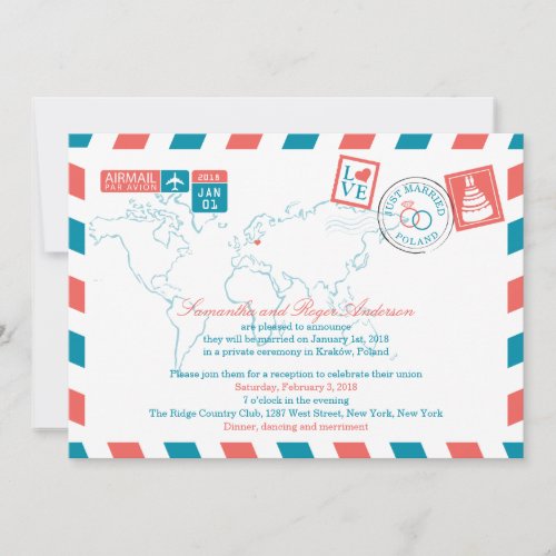POLAND Coral and Teal Airmail Post Wedding Invitation