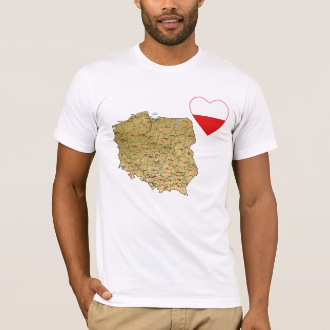 Poland Flag Heart and Map T-Shirt (Front)