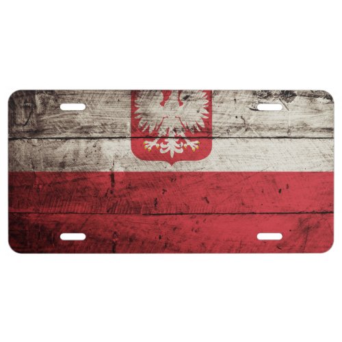 Poland Flag on Old Wood Grain License Plate