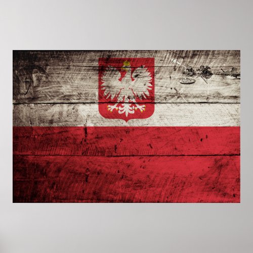 Poland Flag on Old Wood Grain Poster