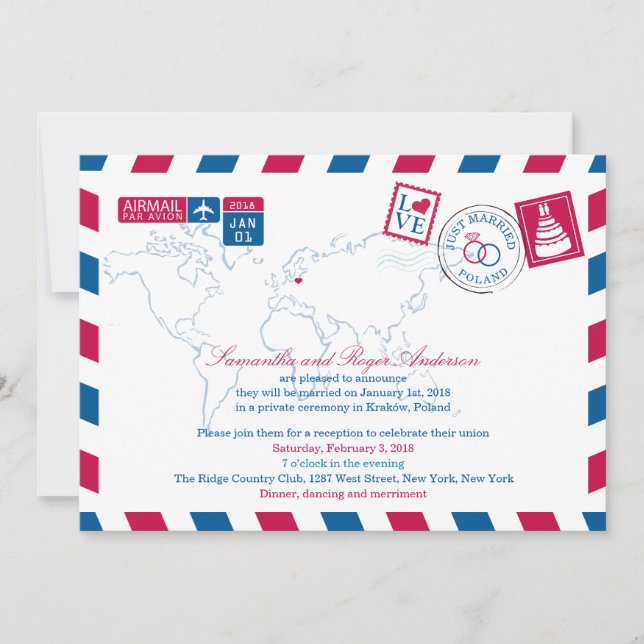 POLAND Red Blue Airmail Post Wedding Invitation (Front)