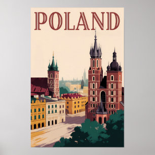 Poland Skyline Illustration Travel Art Vintage Poster