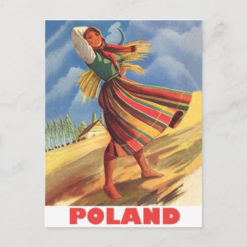 Poland village woman in the field postcard