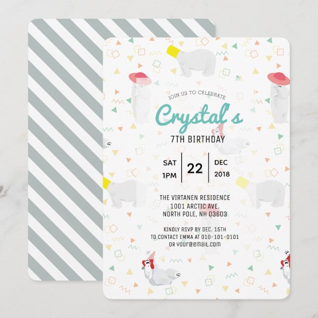 Polar Bear '80s Colorful White Birthday Invitation (Front/Back)