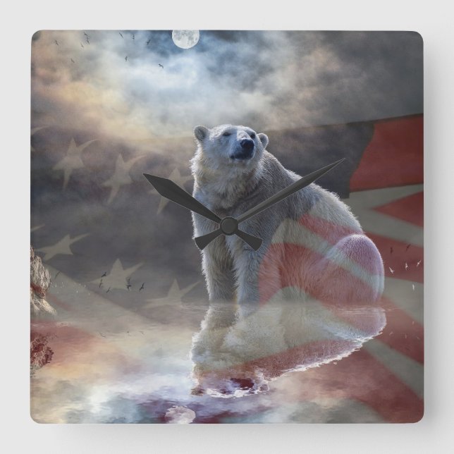 Polar Bear American Flag Square Wall Clock (Front)