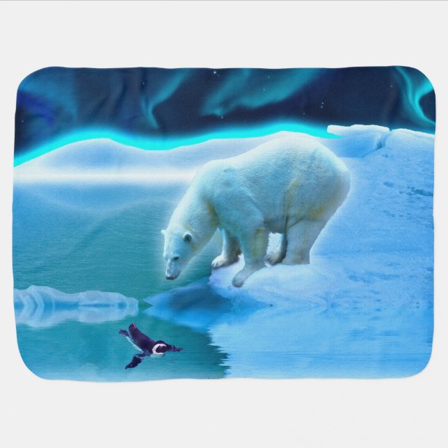 Polar Bear and Baby Penguin Friendship Art Swaddle Blanket (Horizontal)