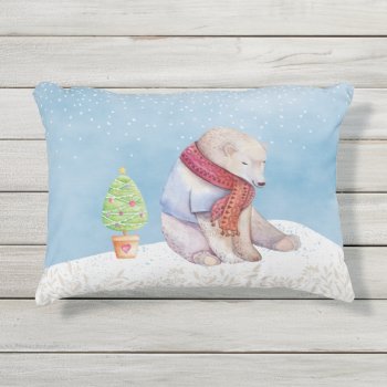 Polar Bear And Christmas Tree In The Snow Outdoor Pillow by GiftsGaloreStore at Zazzle