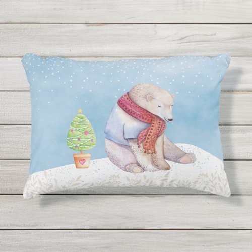 Polar Bear and Christmas Tree in the Snow Outdoor Pillow