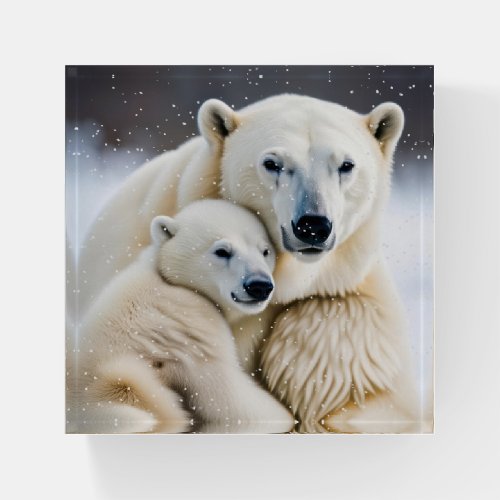 Polar Bear And Cub In Snowflakes Paperweight