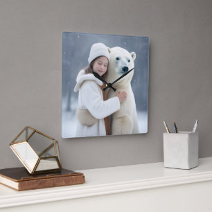 Polar Bear and Girl Hug Square Wall Clock