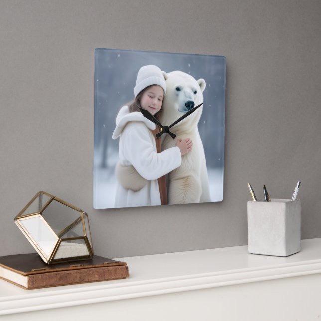 Polar Bear and Girl Hug Square Wall Clock (Office)
