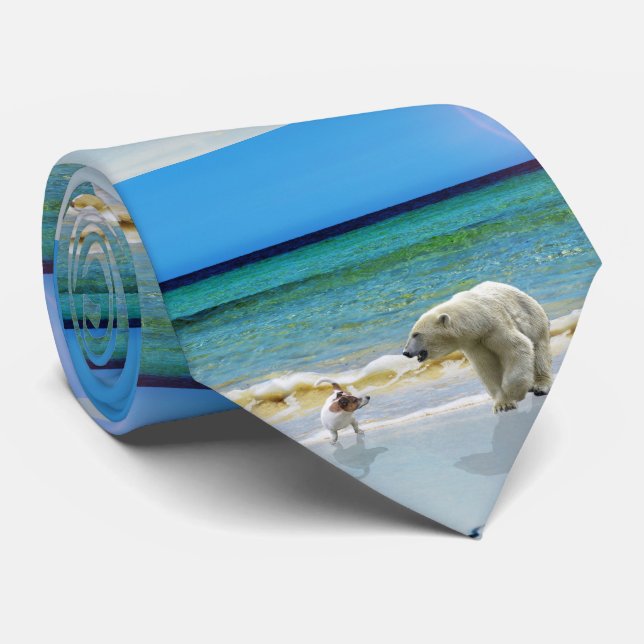 Polar Bear And Jack Russel On The Beach, Neck Tie (Rolled)