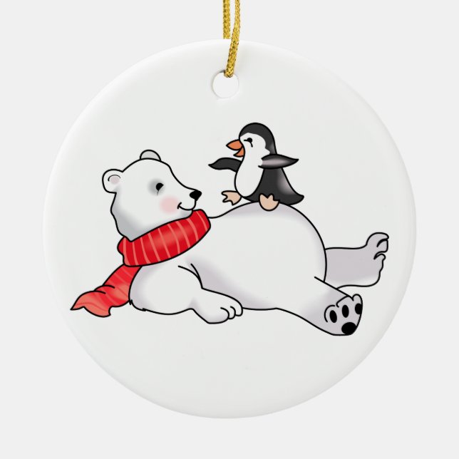 Polar Bear and Penguin Ceramic Ornament (Front)