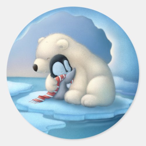 Polar bear and penguin classic round sticker