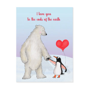 Polar bear and penguin 'love you' postcard