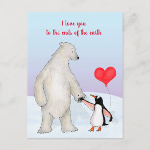 Polar bear and penguin 'love you' postcard