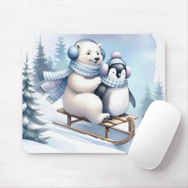 Polar Bear and Penguin On a Sled Mouse Pad (With Mouse)