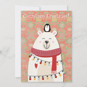 Polar Bear and Penguin Retro Style Christmas Card