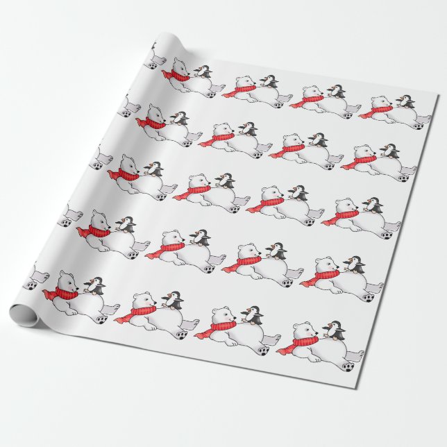 Polar Bear and Penguin Wrapping Paper (Unrolled)