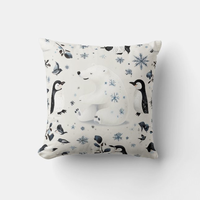 Polar Bear And Penguins Throw Pillow (Front)