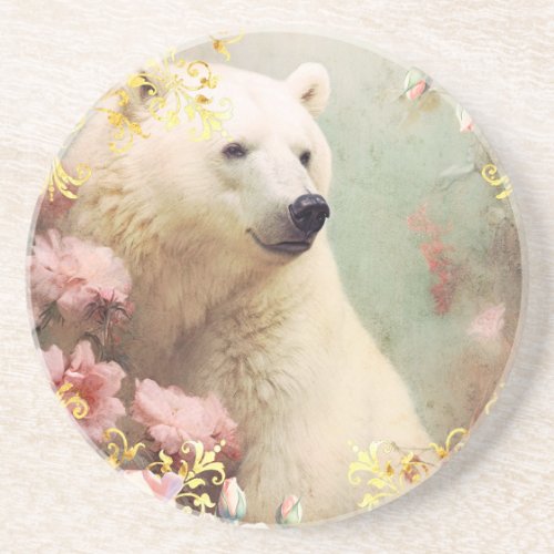 Polar Bear and Pink Flowers Coaster