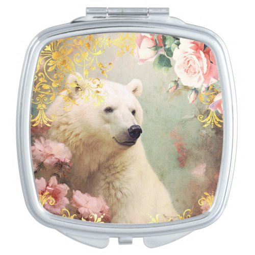 Polar Bear and Pink Flowers Compact Mirror