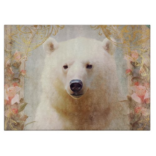 Polar Bear and Pink Flowers Cutting Board