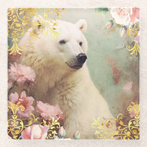 Polar Bear and Pink Flowers Glass Coaster