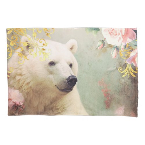 Polar Bear and Pink Flowers Pillow Case