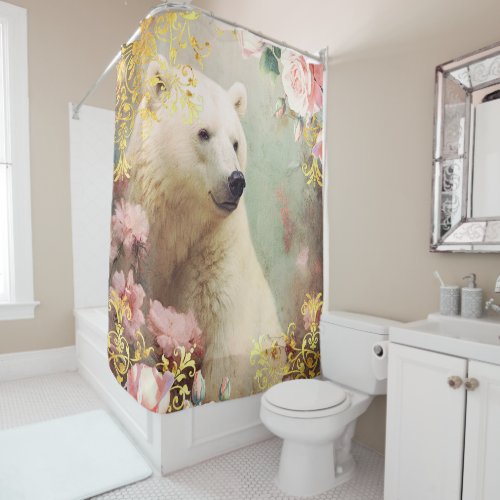 Polar Bear and Pink Flowers Shower Curtain