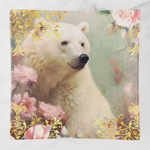 Polar Bear and Pink Flowers Trinket Tray