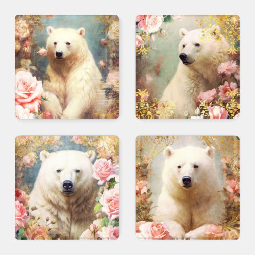 Polar Bear and Pink Roses Coaster Set