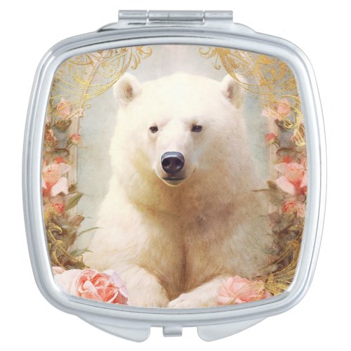 Polar Bear and Pink Roses Compact Mirror