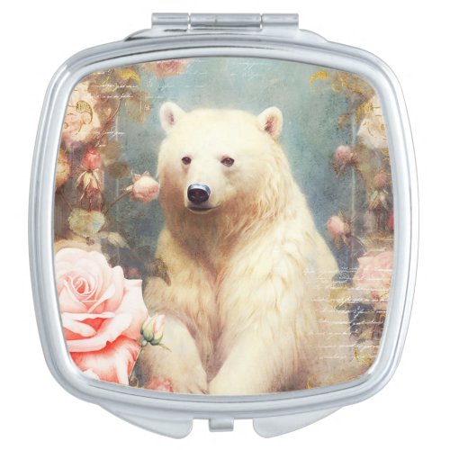 Polar Bear and Pink Roses Compact Mirror