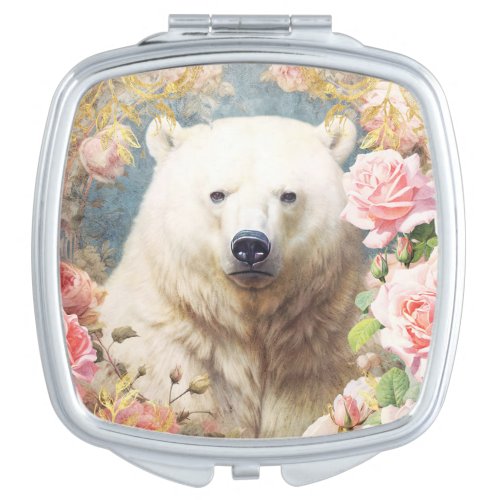 Polar Bear and Pink Roses Compact Mirror