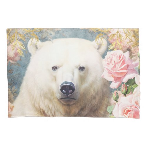 Polar Bear and Pink Roses Pillow Case