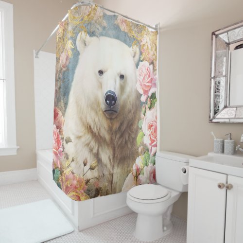 Polar Bear and Pink Roses Shower Curtain