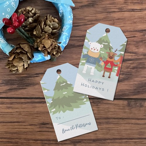 Polar Bear and Reindeer Blue Holiday Gift Tags