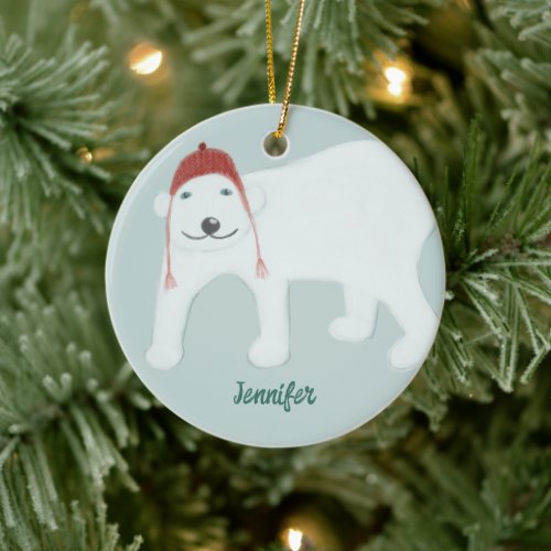 Polar Bear and Reindeer Illustrations Winter Ceramic Ornament