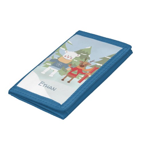 Polar Bear and Reindeer with Skis Kid Blue Wallet