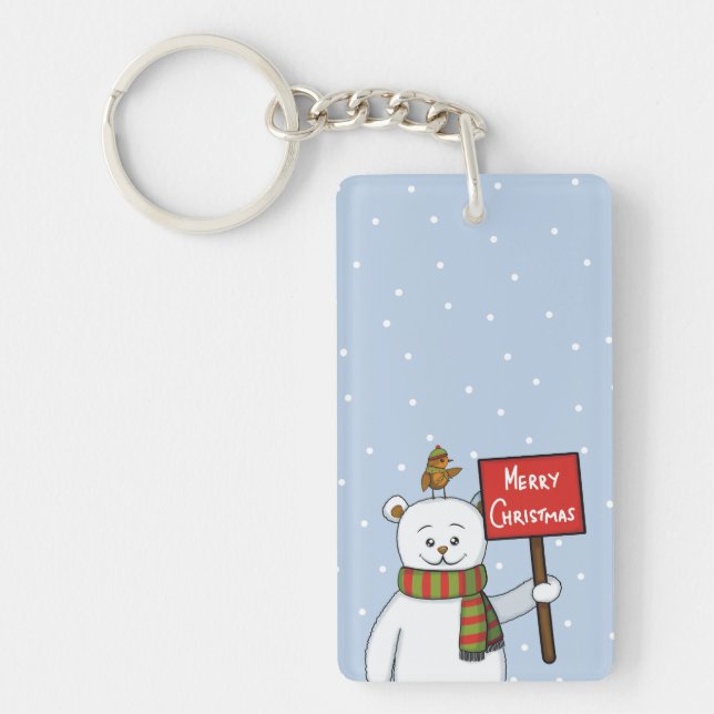 Polar Bear and Robin Christmas Greeting Keychain (Front)
